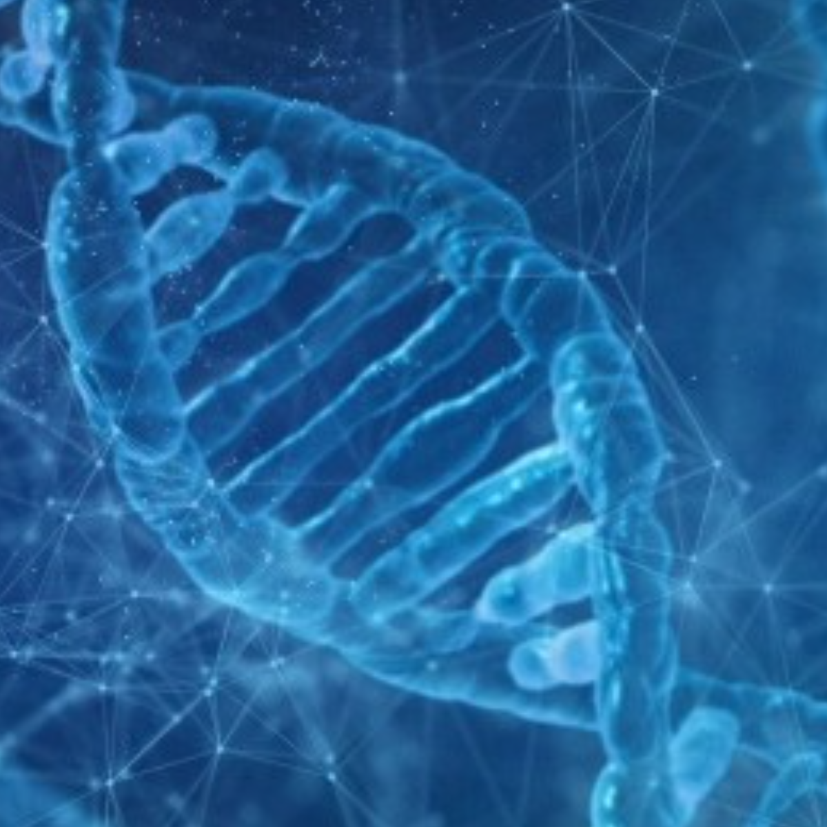 A glowing DNA double helix is shown in the foreground, with additional DNA strands fading into the background to represent genetics and DNA structure.